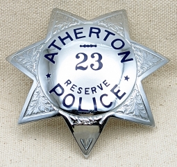 Large 1970s-80s Atherton CA Reserve Police Badge #23 by Irvine & Jachens