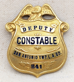 Ext Rare 1910s-20s San Antonio Township Los Angeles CA Deputy Constable Badge # B41 by LARSCO