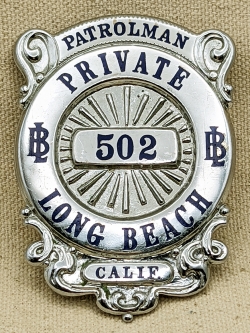 1930s Long Beach CA Private Patrolman Badge #502 by L.A. S&S