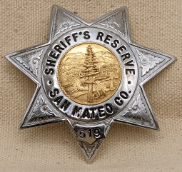 Beautiful 1950s-1960s San Mateo Co CA Sheriff Reserve 7pt Star Badge by Irvine & Jachens #519