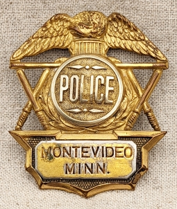 Great Old 1930s-1940s Montevideo MN Ranking Police Officer Hat Badge