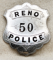 Ext Rare 1890s-early 1900s Reno Nevada Police Badge #50 by Whitehead & Hoag