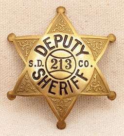 Ext Rare Mid-1930s San Diego Co CA Senior Deputy Sheriff Badge #213 by LA Stamp & Staty