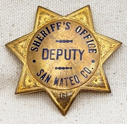 1950s San Mateo Co CA Sheriff's Office Deputy Badge #161 by Irvine & Jachens