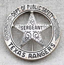 1980s-90s Issue Texas Rangers Sergeant Badge Made from Mexican 5 Peso Coin by Star Engraving Houston