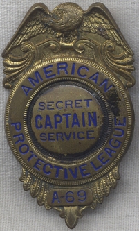 Extremely Rare WWI ca 1917 American Protective League APL Type II Captain Badge by William Barthman