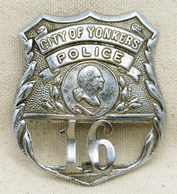 Great Ca 1922 3rd Issue City of Yonkers Police Patrolman Badge #16 by C.G. Braxmar