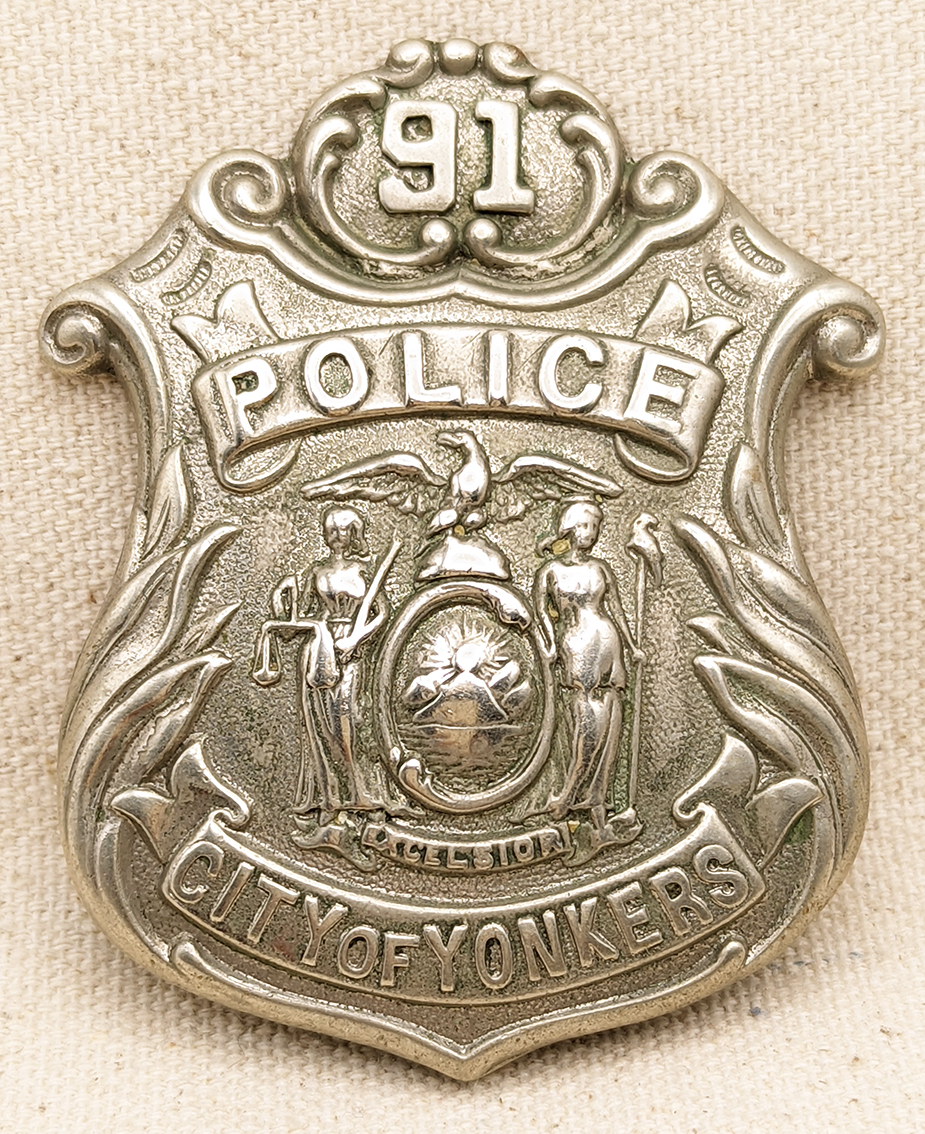 Beautiful Ca 1900 Yonkers NY Police Patrolman Badge #91 Unmarked but by ...