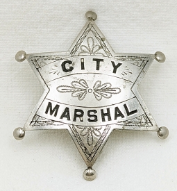 Wonderful Old West 1880s City Marshal 6p Ball Tip Star Badge with Great Embellishments