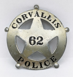 Large WWII era Corvallis OR Ball Tip Circle Star Police Badge #62