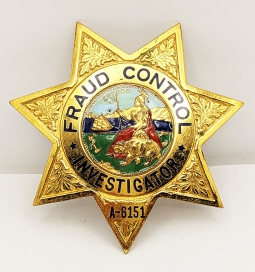 Unusual ca 1976 California Fraud Control Inspector Badge #A-6151 by Irvine & Jachens Private Purchas