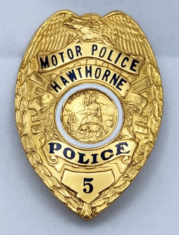 Great 1950s Hawthorne CA Motor Police Badge #5 by Geo Schenck in Exc Cond