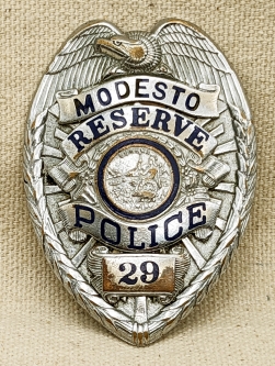 Nice Late 1940s Modesto CA Police Reserve Shirt size Badge #29 by LAS&S CO