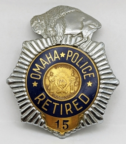 Beautiful & LARGE Early 1950s Omaha NE Retired Police Officer Badge Low #15