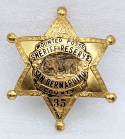 Early 1950s San Bernardino Co CA Sheriff Reserve Mounted Posse badge #35 by Geo Schenck