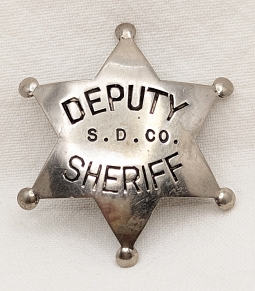 Great Old 1900s-1910s San Diego Co CA Deputy Sheriff 6-pt Star Badge