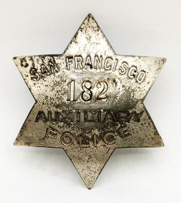 Great WWI era San Francisco Auxiliary Police Badge #182 in Silver Plated Steel by Patrick & Co