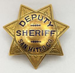 Beautiful 1930s San Mateo Co CA (Possibly Chief) Deputy Sheriff Badge in Gilt Brass by Irvine & Jach