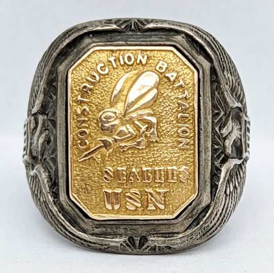 Gorgeous Heavy WWII USN SEABEES Ring in Sterling & 10K by Ritter L.A. Size  7.5