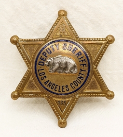 Ext Rare 1930s Silver Bear 6-pt Star Los Angeles Co CA Deputy Sheriff Badge #185