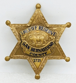 Ca 1960 San Bernardino Co CA Sheriff Reserve Badge #1715 by SUN