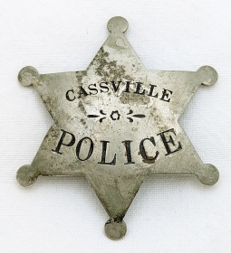 Great Old 1880s-1890s Cassville MO Police 6-pt Star Badge #3 by Gardner Office Supply