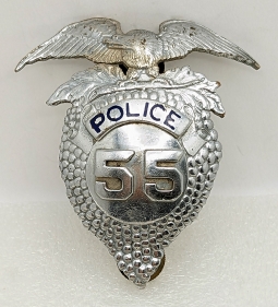 Rare 1930s Fresno CA Police Hat Badge #55 Grape Bunch Design