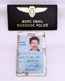 Rare 1980s Riverside CA Police Dept ID/Building Pass & Leather Name Tag of Retired Officer Marcus W