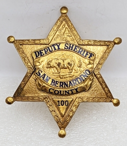 Nice ca 1960 San Bernardino Co CA Deputy Sheriff Badge #100 by Sun Badge Co