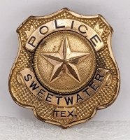 Great Old 1930s Sweetwater Texas Police Badge by Everson Ross in Gold Fill