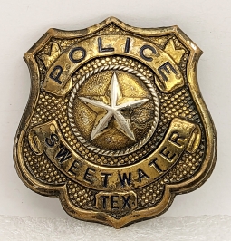 Early 1940s Sweetwater Texas Police Badge in WWII Wartime Shortage Gilt Sterling Silver