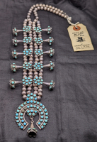 Wonderful ca 1970 Zuni Silver & Sleeping Beauty Turquoise Squash Blossom in Bernard Bowekaty Style