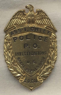 1930s San Diego, California Naval Repair Base Police Investigations Badge