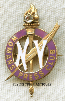 Named Circa 1890s New York Woman's Press Club Membership Badge in 14K with Diamond