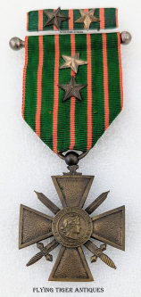 Nice 1914-1917 French Croix de Guerre Medal with 2 Stars, Barbell, & Matching Ribbon Bar