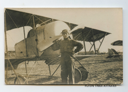 Great ca 1916 Pilot in Flight Suit with Helmet & Gorgeous in Front of his Aircraft RPPC