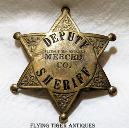 Great Old 1930s Merced Co CA Deputy Sheriff 6-pt Star Badge in Lacquered Brass by LAS&SCO