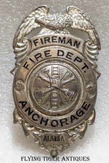 Beautiful, Huge, Ca 1950 Territorial Anchorage Alaska Sterling Silver Fireman Badge