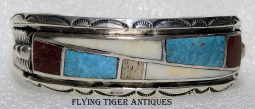 Laguna Pueblo Silver Fossil Ivory Turquoise Mountain Turquoise Inlay Bracelet Allen Natseway