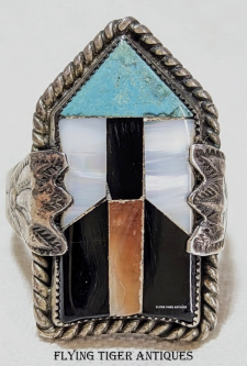 First Generation 1930s Zuni Inlay Work Arrow Design Ring in Silver Turquoise Jet MOP & Spiny Oyster