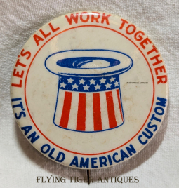 Great WWI Era Large Celluloid Patriotic Pin of Uncle Sam's Hat. Gilman Bros. Inc. Druggists