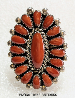 Gorgeous Zuni Silver & Oxblood Coral Cluster Ring by multi-Award Winning Artist Alice Quam sz 6.5