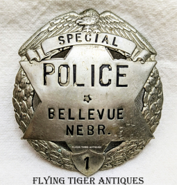 Great Old 1920s - 1930s Bellevue NE Special Police Badge # 1 Suburb at Omaha