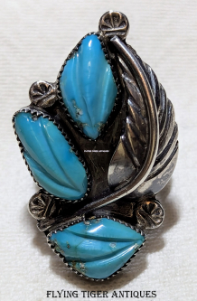 Fabulous 1950s-60s Zuni Leaf Carved Sleeping Beauty Turquoise Ring by Ben Eustace 6-1/2