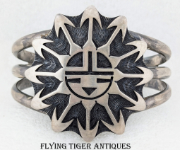 Wonderful 1980s-90s Hopi Silver Overlay Sun Face Bracelet by Multi-Award-Winner Bernard Dawahoya