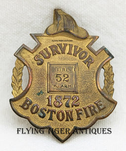 Ext Rare Boston MA Fire Dept Box 52 Assoc Survivor 1872 Boston Fire Badge ca 1910s by Johnston