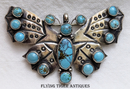 Beautiful 1990s Navajo Silver Turquoise Mountain Turquoise Butterfly Brooch Pendant by David Reeves