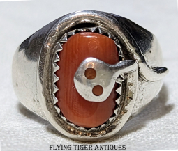 Unusual 1970s Effie Calavaza Zuni Silver Ring With one Coral Cabochon & one Snake 7.25