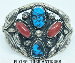 Beautiful HEAVY 1950s - 60s Navajo Silver Oxblood Coral & Smokey Bisbee Turquoise Cuff Bracelet