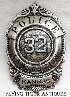 Great 1890s Old West Kansas City KS LARGE Police Badge # 32 by H C LIEPSNER